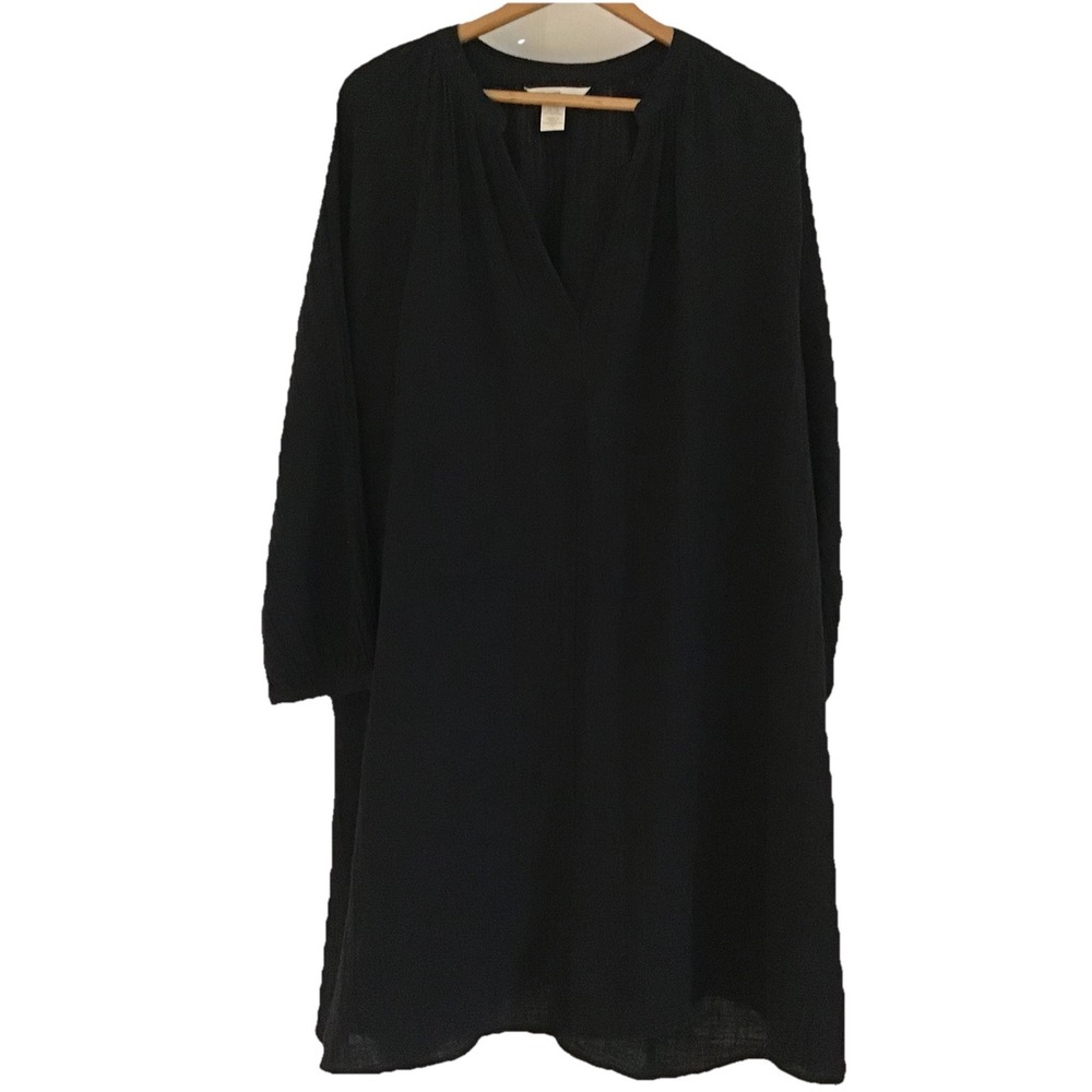 H & M Women's Black Cotton Gauze Knee Length Dress Long Sleeve Sz XXL V-Neck